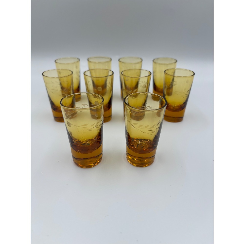 Vintage Wales Japan Etched Shot Glasses Amber Green Set of 12 Mid Century Modern